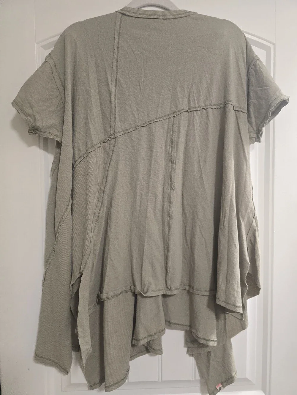 FREE PEOPLE Mixed Media Cotton Olive Green Short Sleeve Asymmetric Tee
